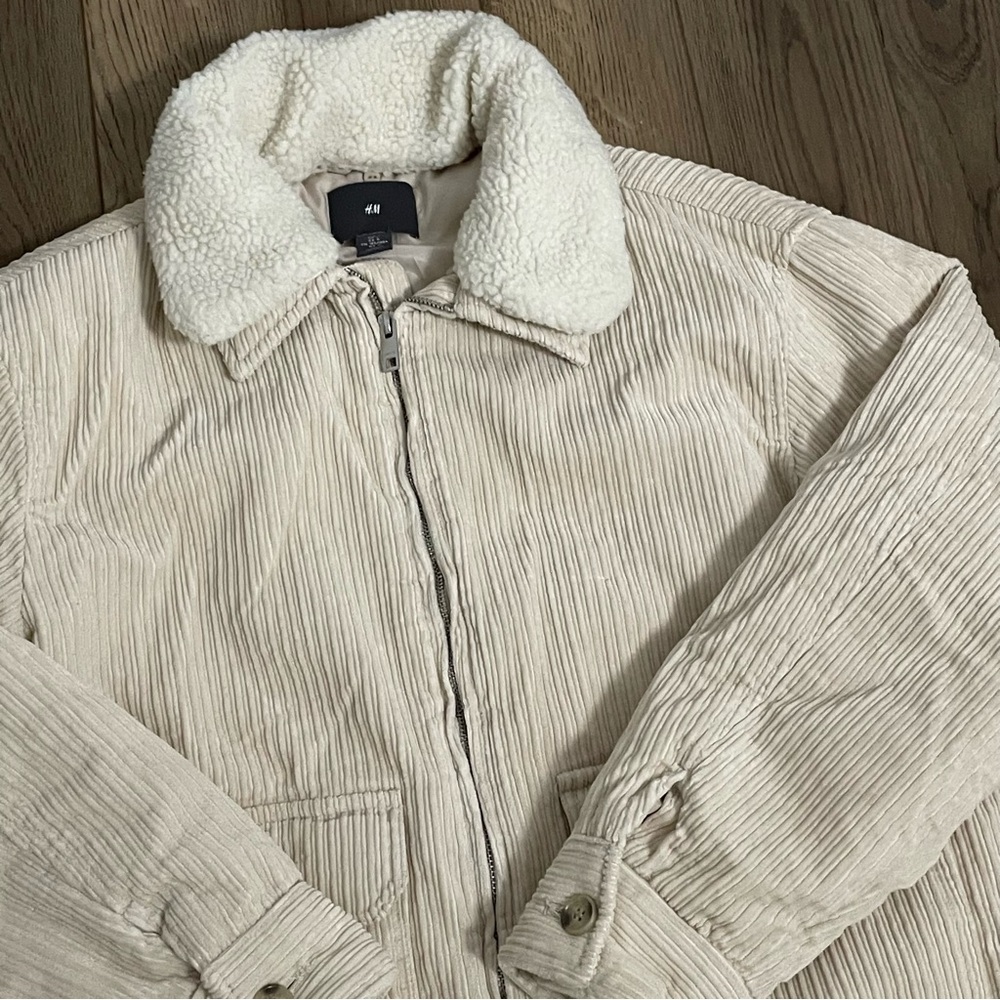 H&M Corduroy Cream Puff Bomber Jacket Removable Collar - Picture 2 of 11